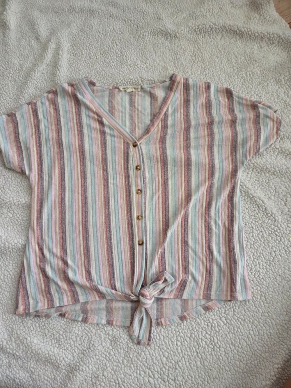 Pastel Stripe Button Front Tie Hem Top